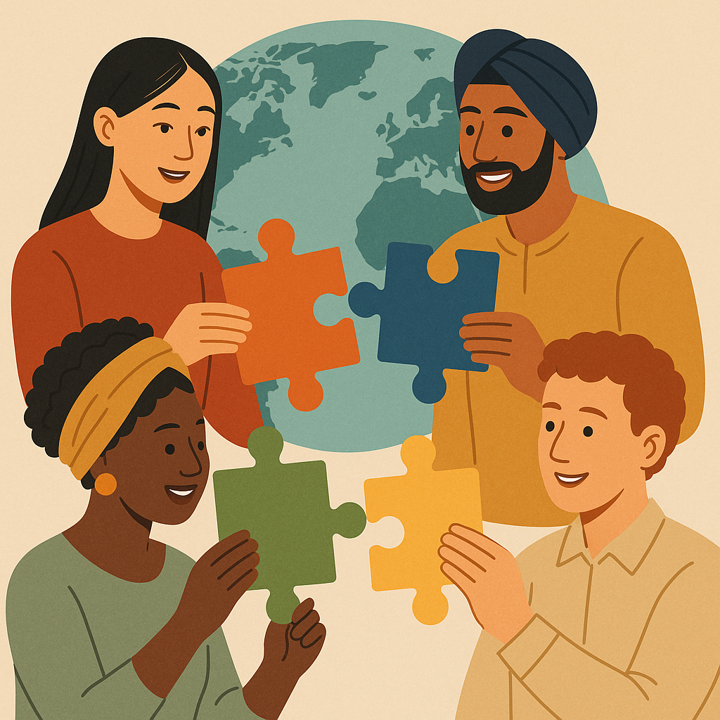Four people from various places around the world putting pieces of a puzzle together.