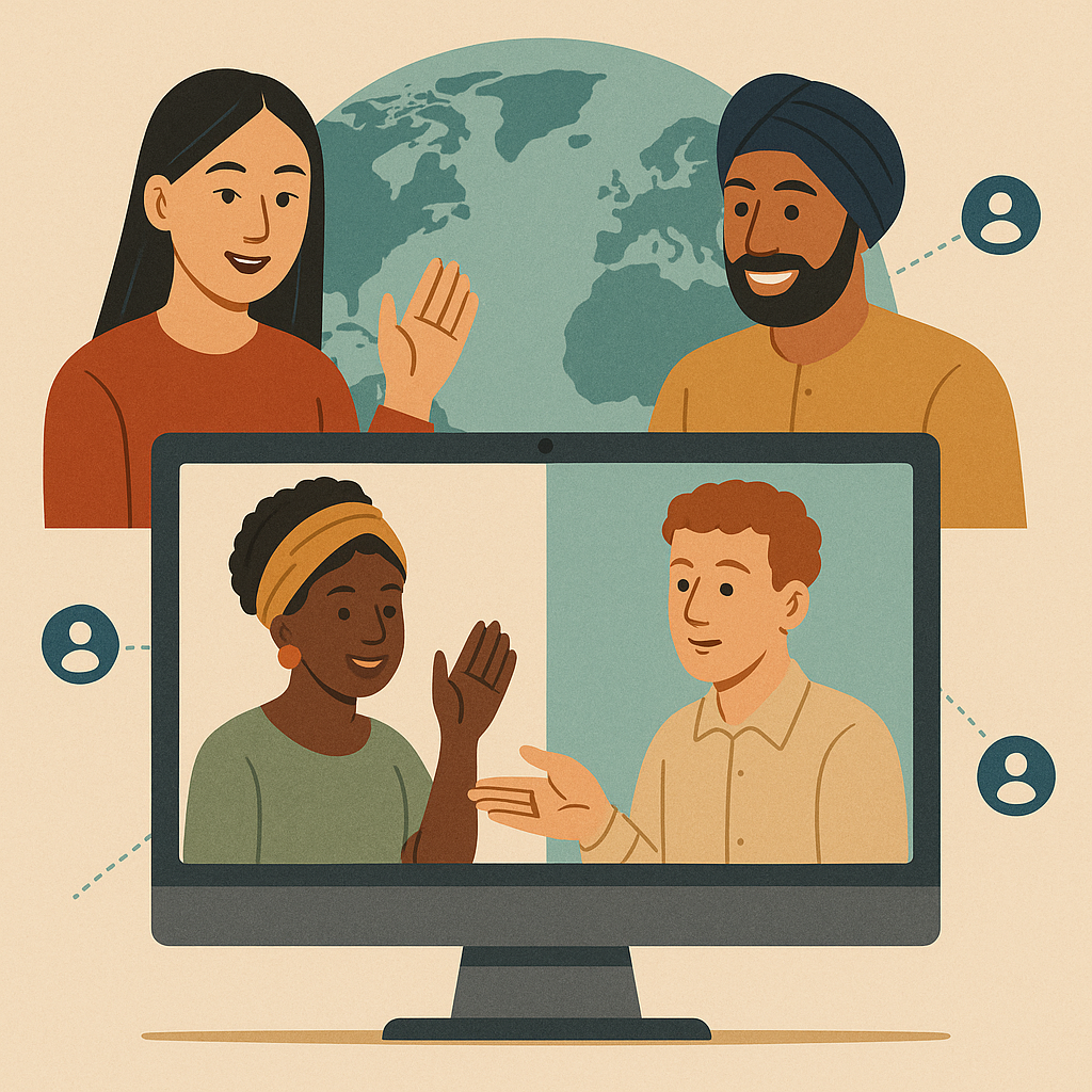 Four people from various places around the world connecting via a virtual meeting.