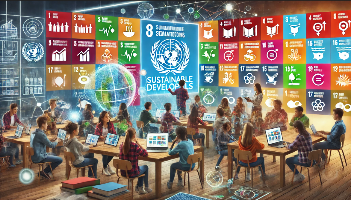 students sitting in a collaborative setting with a presenter at the projected screen of the 17 UN development goals.