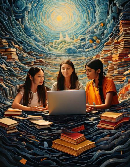 Futuristic scene with three young girls looking at a computing device in a sea of books