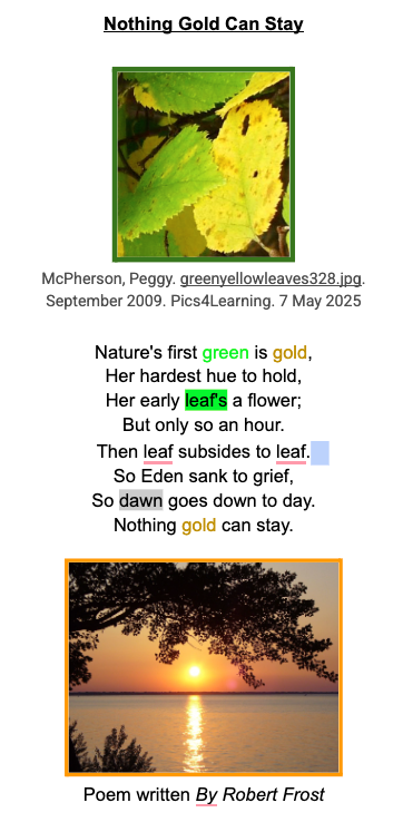Screenshot of Google doc with graphics and Robert Frost Poem Nothing Gold Can Stay