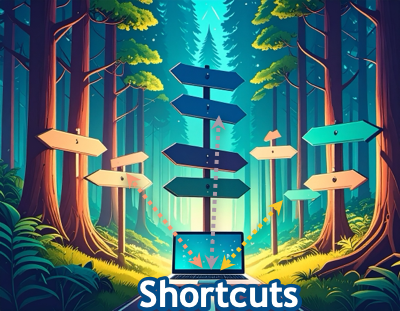 Forest scene with a laptop with a roadsign and shortcuts 