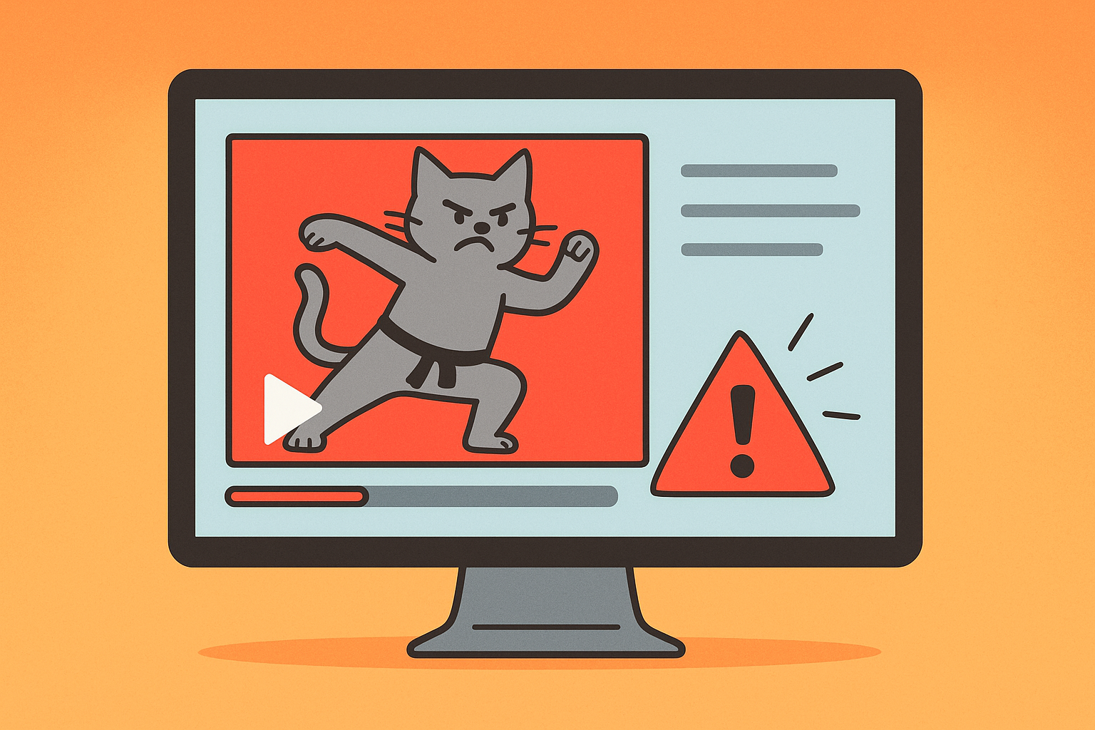 A computer screen with a cartoon cat doing karate.  There is a big red alert icon next to the cat.