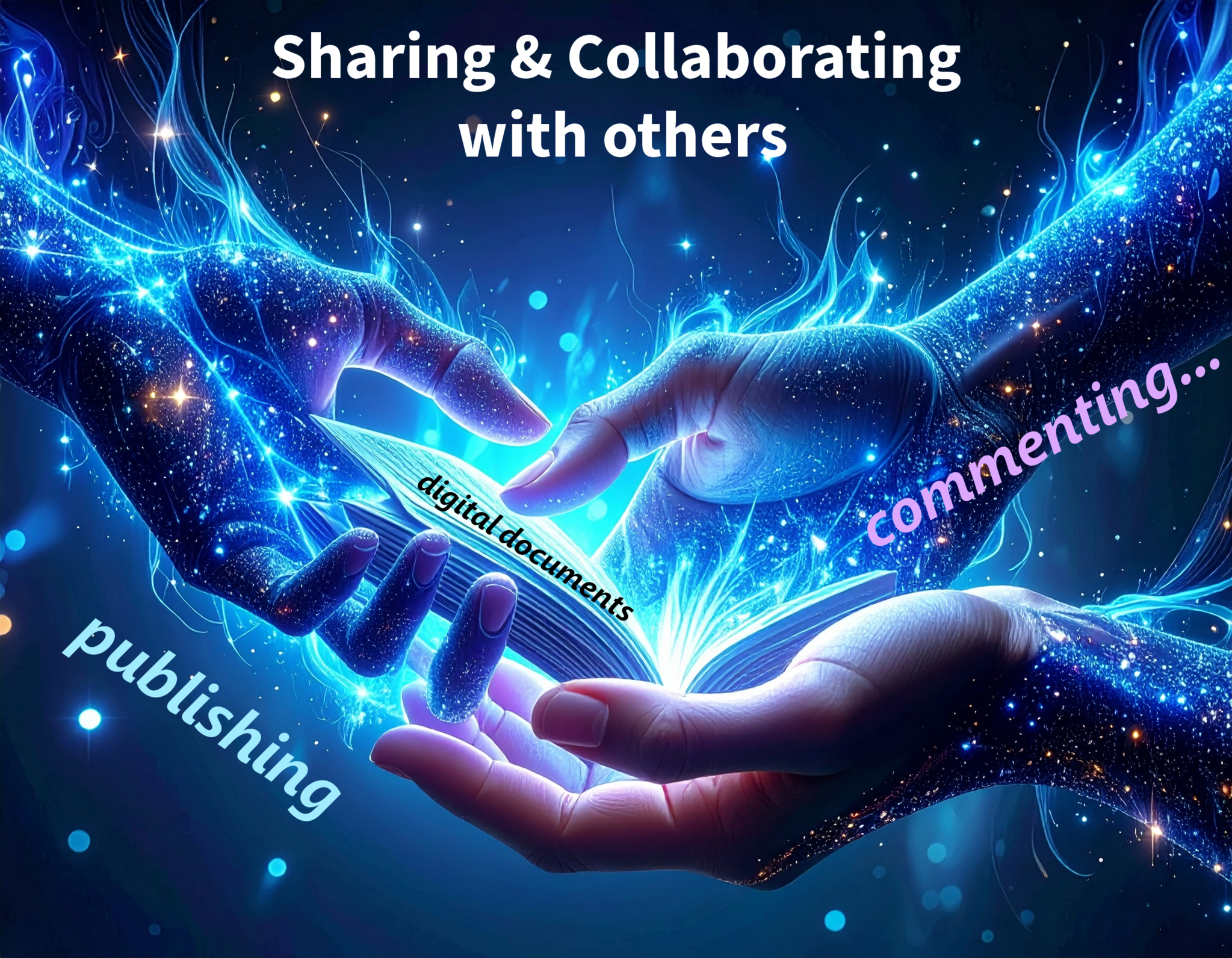 Image of two hands sharing and collaborating on digital documents with publishing and commenting text