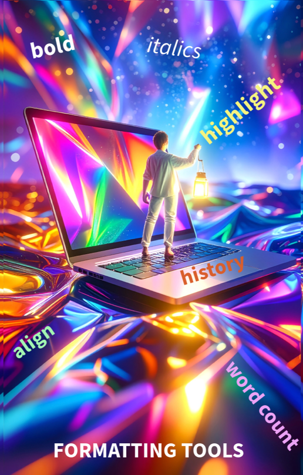 Surealistic image of a person standing on a laptop keyboard pointing at the shards of color radiating out with formatting tools in text