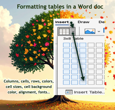 Tree with leaves turning green to gold in the background of a screenshot of inserting a table in a Microsoft Word doc.