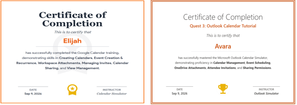 Screenshot of both the Google and Outlook Calendar Certificates as an example.