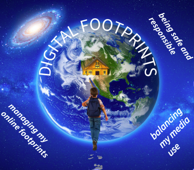 AI generated student leaving footprints in space going toward the Earth