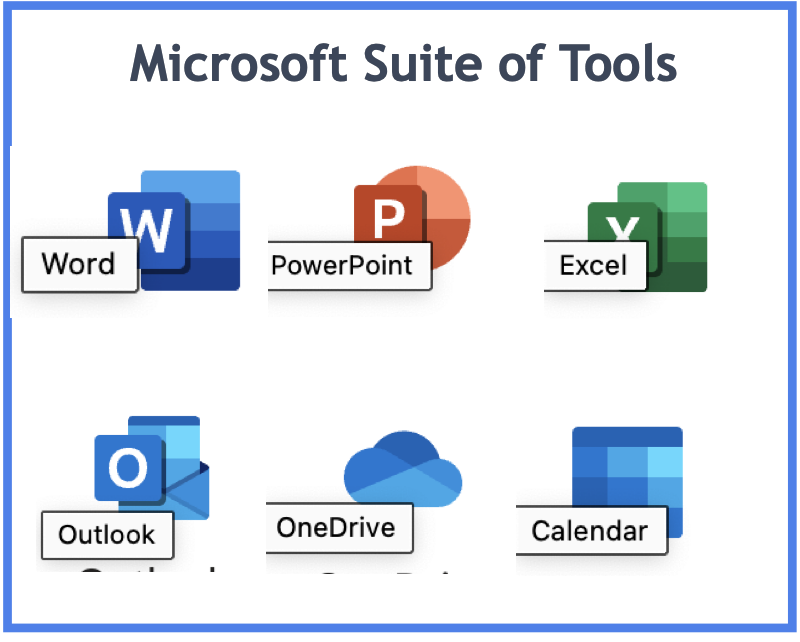 Microsoft app icons: word, powerpoint, excel, outlook, one drive, calendar