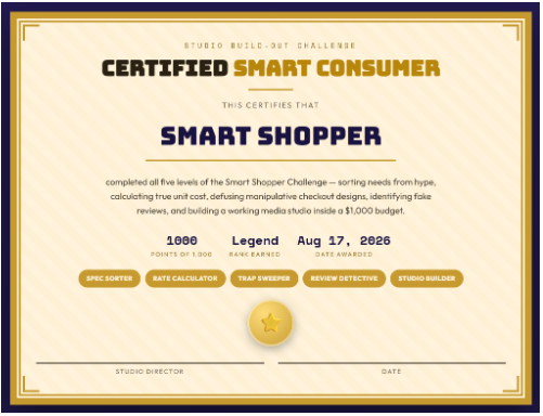 Certified Smart Consumer Certificate with game score, title, and date. This is an example of what they will get after successfully completing the challenge.
