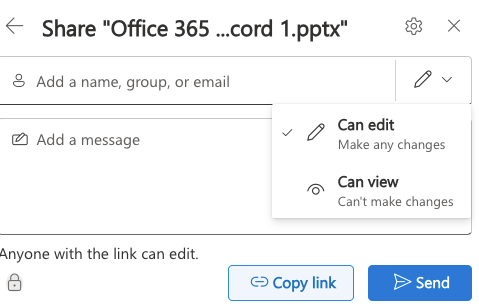 Screenshot of the PowerPoint share menu online