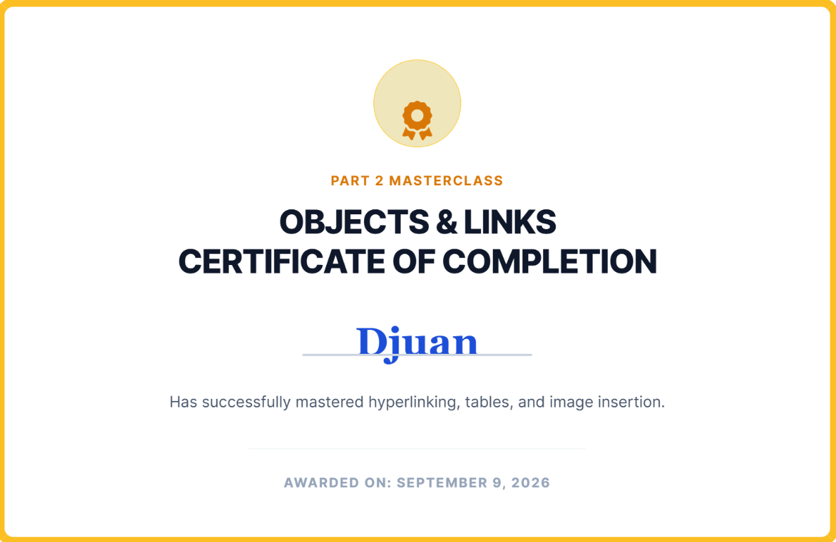 Screenshot of the Certification from Formatting Masterclass P2 as an example.