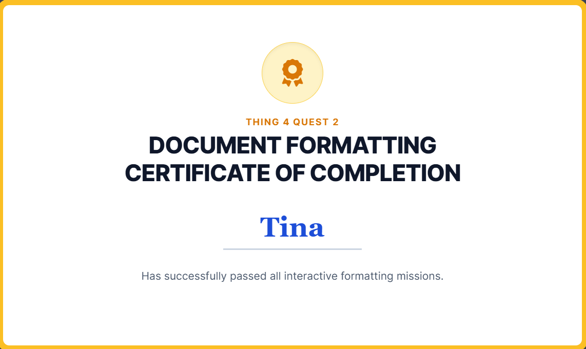 Screenshot of the DocFormatting Certification as an example.