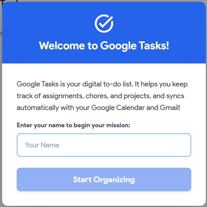 Screenshot of Google Tasks training site main page. The image is directly linked to the training site.