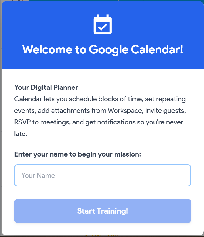 Screenshot of the Google Calendar training site. The image is directly linked to the training.