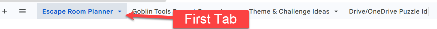 Screenshot of the tabs at the bottom of the Digital Escape Room Planner with the first tab highlighted.