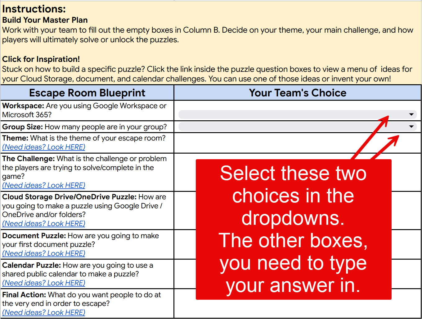 Screenshot of the first tab in the planner. It highlights the two dropdown fields and then specifies that typed answers are needed in the remaining fields.