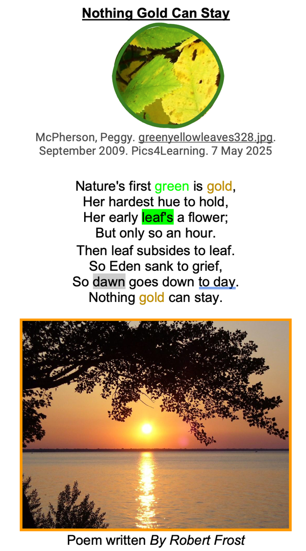 Screenshot of graphics added to Word doc of Robert Frost poem with citation.