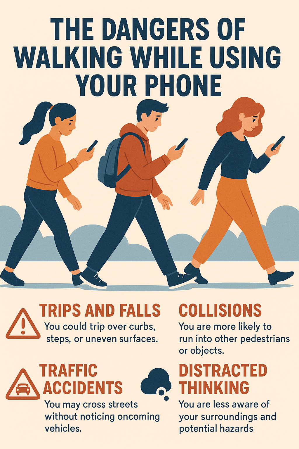 Students walking while looking directly at their cell phones,  Dangers mentioned: Trips & falls, Collisions, Traffic Accidents, Distracted Thinking.