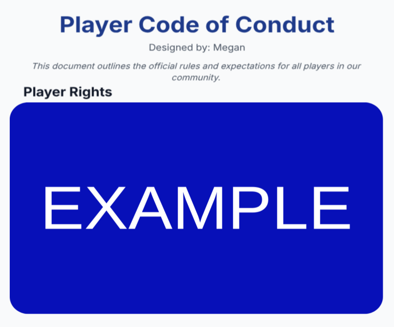 Screenshot of the Player Code of Conduct rulebook that is provided to the student. 