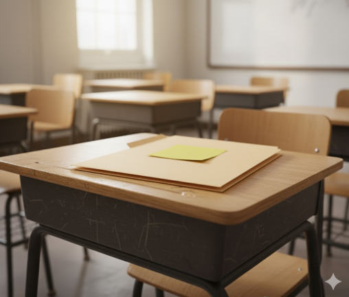 AI generated Desk in classroom with folder on it. Image is linked to the folder of speadsheets.