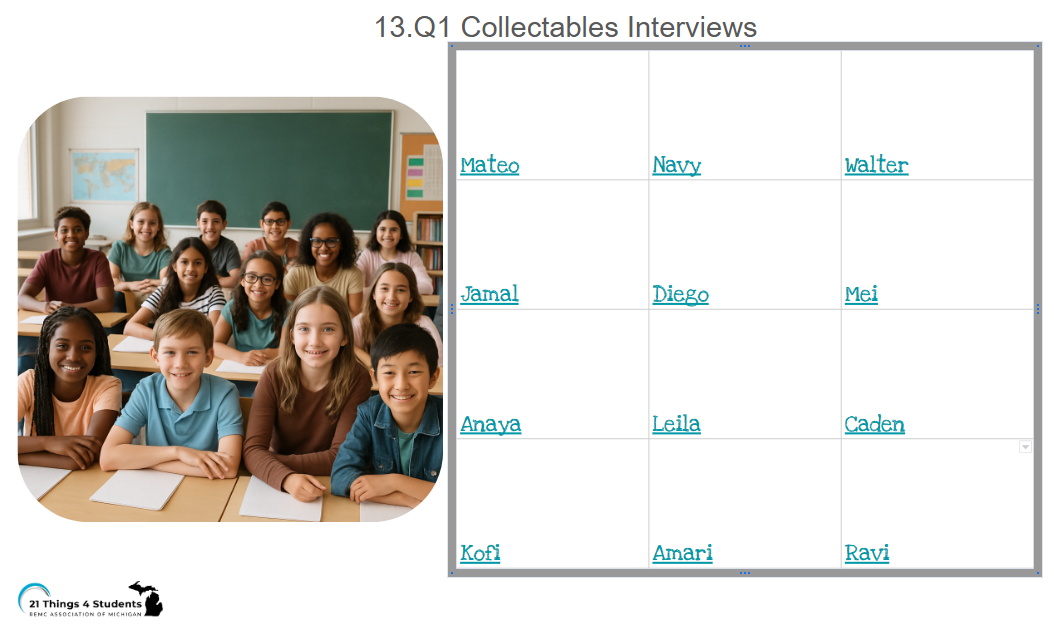 Screenshot of the interview classmates.  Provides a visual of what is on the slide, a grid where each student's interview and be listened to.