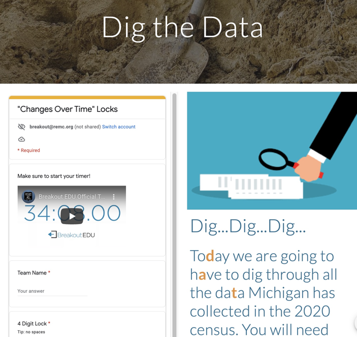 Screenshot of shovel in dirt with the title Dig the Data, and an timer image with 34 minutes to count down and Dig..Dig..Dig.. text and image.