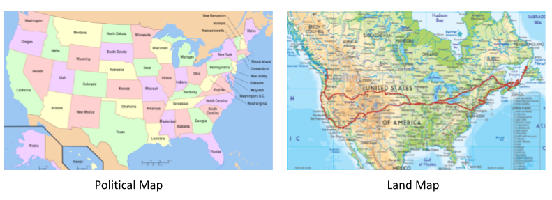 Political map on the left with only states shown.  Land map on the right with details about states, mountain ranges, and other deatils.