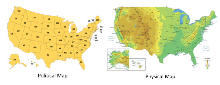 The map on the left is considered a political map and shows each state within the US and the map on the right is considered a physical map showing only the land features of the US.