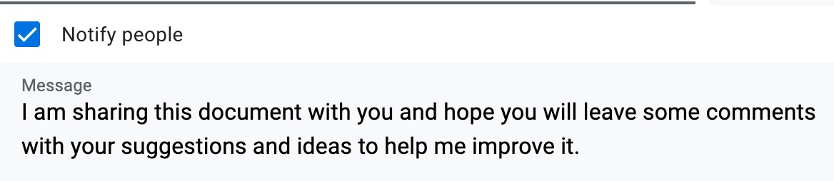 Notify recipient of shared document with a message.