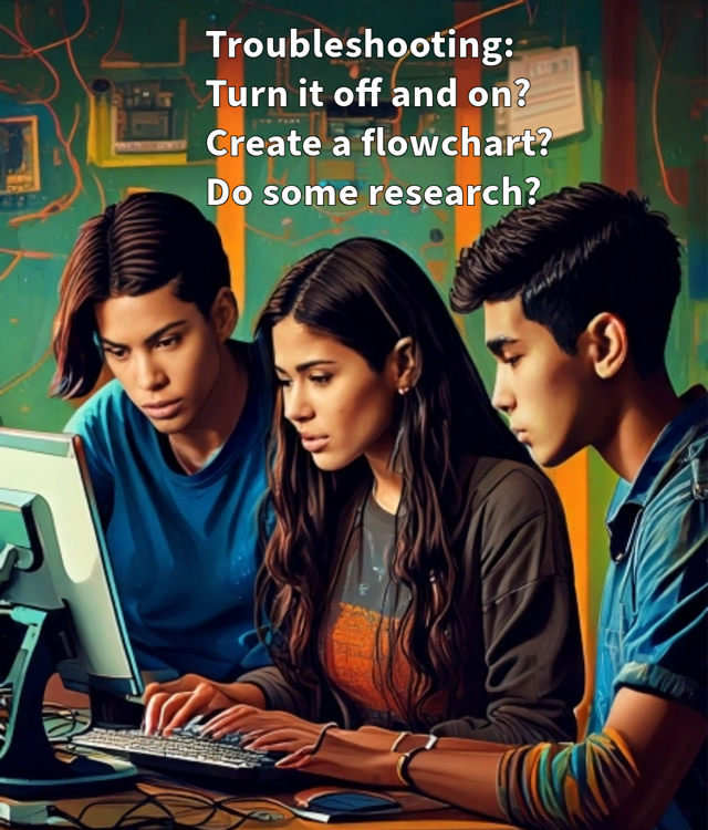 AI generated image of three teens looking to troubleshoot a computer problem, Text: Turn it off and on? Create a flowchart? Do some research?