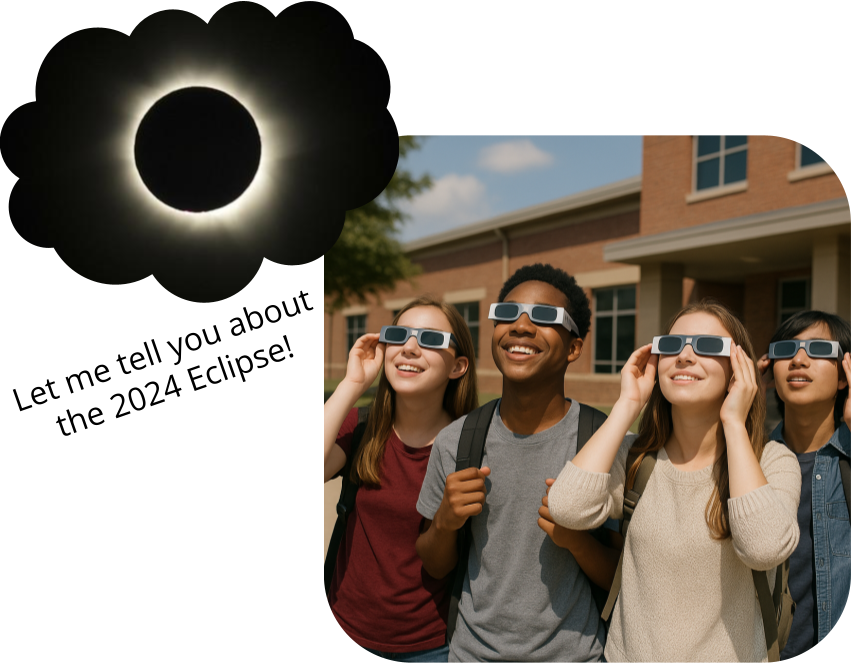 Student with glasses on that allow them to look at an eclipse with a statement "Let me tell you about the 2024 eclipse." Students were generated by ChatGPT and Eclipse is from Flickr Free account.
