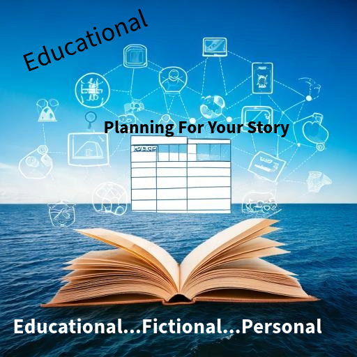 Open book with an ocean background, a storyboard above it with text Educational..Fictional..Personal Planning for your story.