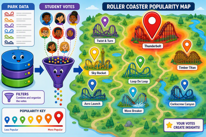 Educational infographic showing how student votes about roller coasters are filtered and displayed on a popularity map. A database of roller coaster data feeds into a voting filter, which generates a map showing seven fictional roller coasters. Colored map pins and heat-map areas indicate popularity, with larger red pins showing the most popular coasters and smaller blue pins showing less popular coasters. Image and alt-text both generated by Microsoft Copilot.