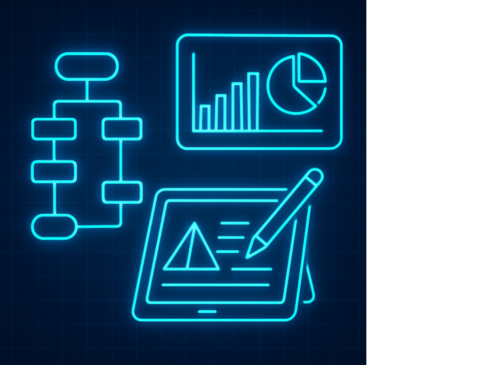 Techy image with graphic organizer, data screen, and tablet with design thinking.