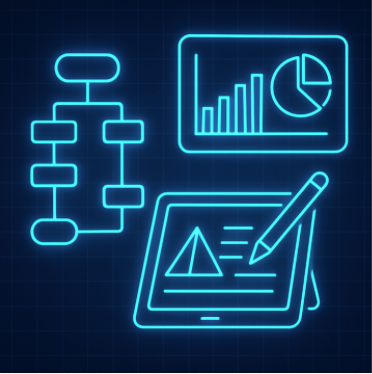 Image of flow charts, graphs, tablet for organizing things